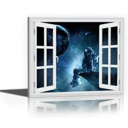  3D Space Astronaut Art Print,Set of 1 Pieces (11.8x15.6inch) Canvas Framed Abstract Universe Painting for Kids Room Teen Boys Bedroom Decor-Ready to 