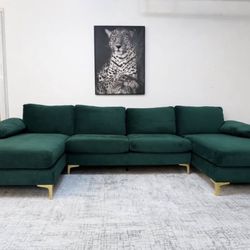 Green Velvet 3-Seater U-Shape Sectional Sofa
