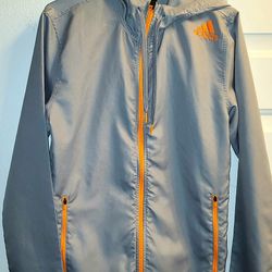 ADIDAS Grey W/ Orange Stripe Warm-Up Hooded Track Jacket Size Small. Is in fantastic shape. Perfect for running or jogging. 
