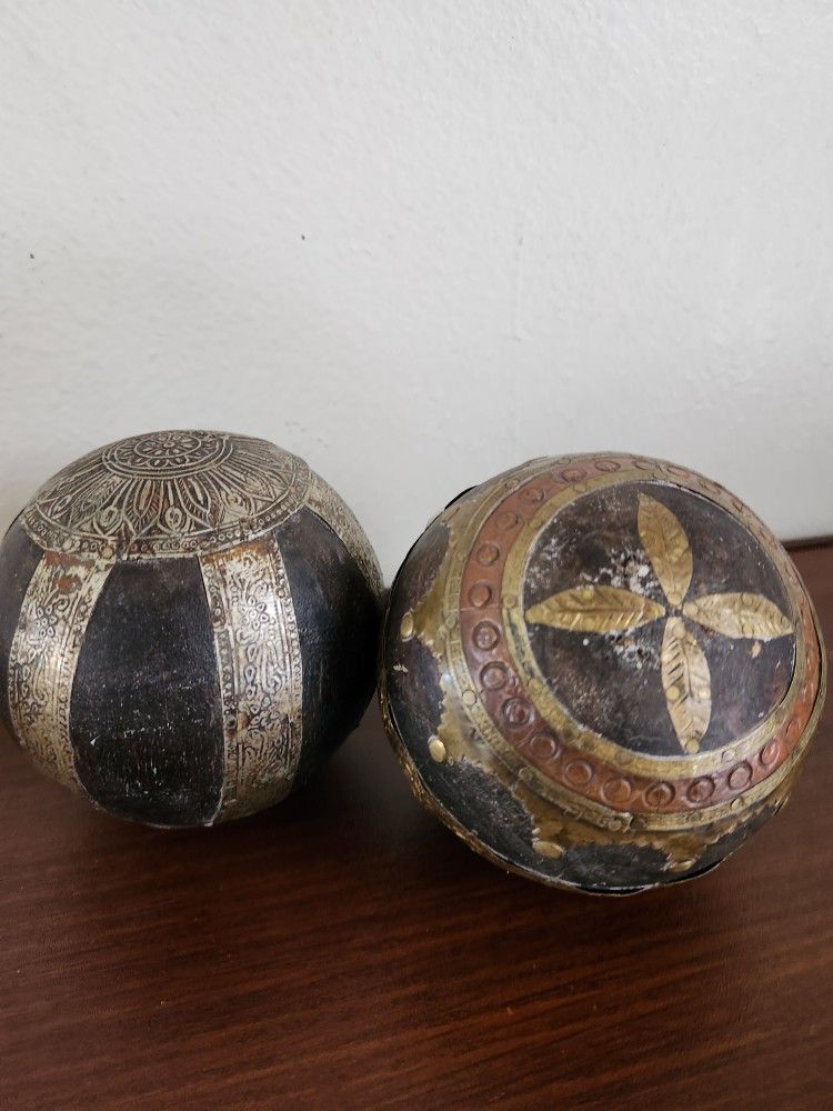 Ornate Vintage Gold Brass Covered Wooden Decorative Decor Balls Set Of Two