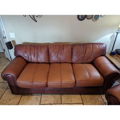 Brown Leather Couch, Chair And Ottoman
