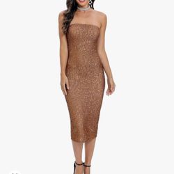 Capuffy Women's Strapless Sequin Fancy Midi Dress Sleeveless Bodycon Sheath Cocktail Party Dress