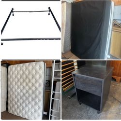 4 pc: 10” Jenna full size mattress $95, 9” boxspring $50, nightstand $35, metal frame $35