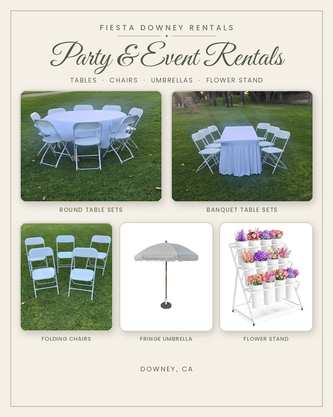 Chairs, umbrellas, tables, flower stand bar