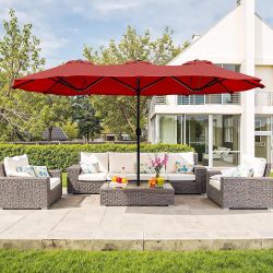 New 15FT Large Patio Umbrella with Base Included, Outdoor Double sided Umbrellas with Crank Handle, Rectangle Table Umbrella for Pool Lawn Garden Mark