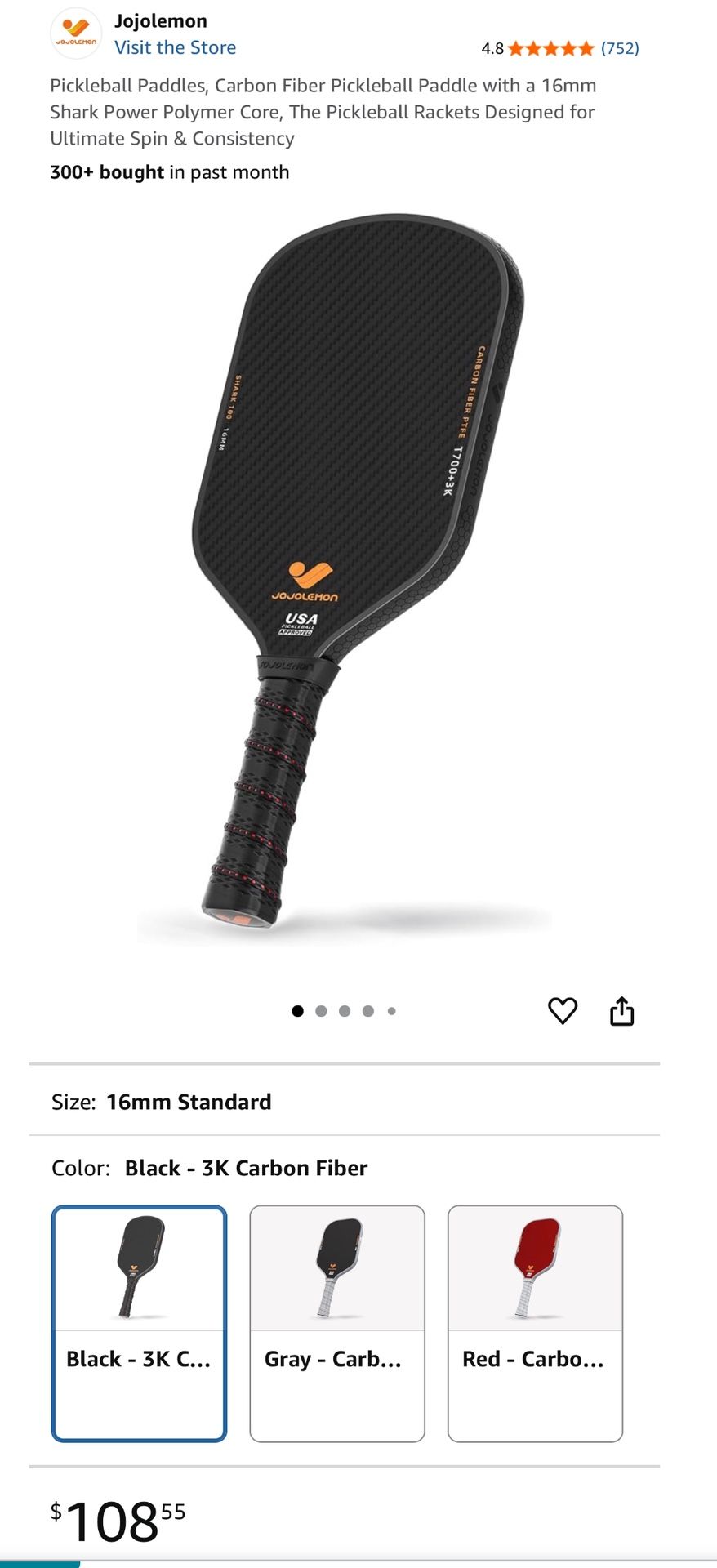 Jojolemon Shark 100 16 MM T 700 3k Carbon Fiber Pickleball Paddle