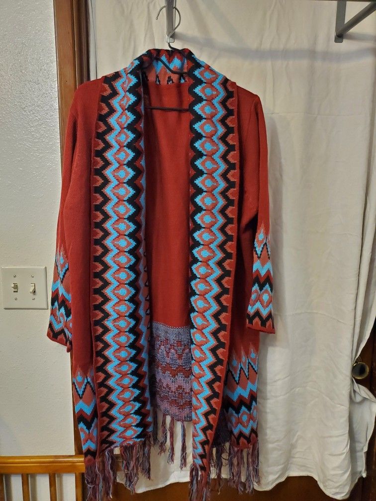 BNWOT BOHO Aztec Fringe Plus SIZE Cardigan Says 5XL FITS LIKE 3XL 