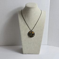 Bronze Tone Green Amber Yellow Geometric Rhinestone Pendant Chain Necklace