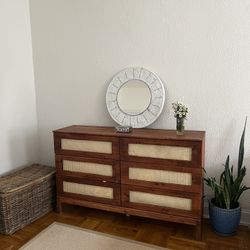 Vintage hand-stained midcentury modern dresser with custom cane detailing   