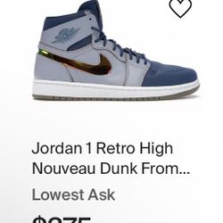 the Nike Jordan 1 Retro High Nouveau "Dunk From Above" sneakers in a Wolf Grey, Gold Leaf, and French Blue colorway