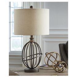 New Manasa Metal Table Lamp Antique Brass - Signature Design by Ashley: 3-Way Switch, Linen Shade, for Living Room & Nightstand