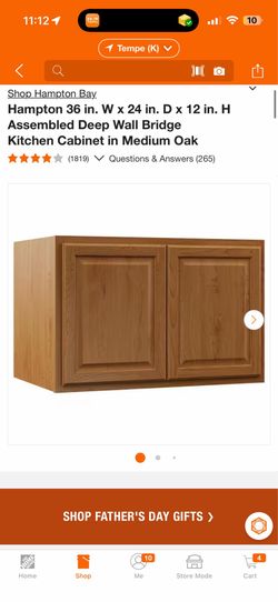 Hampton Bay 36 in. W x 24 in. D x 12 in. H Assembled Deep Wall Bridge Kitchen Cabinet New $90