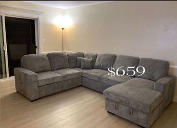 Beautiful‼️4-Pc Light Gray Sectional Sofa With Storage, Pullout Bed, And USB Port On Sale ‼️