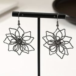 Unique Black Hollow Flower Dangle Earrings