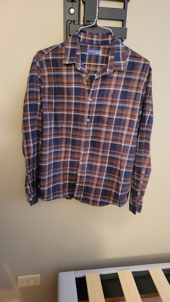 Mens Navy and Tan Plaid Casual Shirt