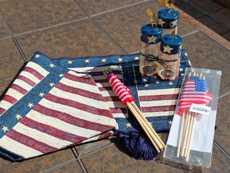 Warren Kimble Patriotic Tapestry Table Runner Lot w/ Candle Holders & Flags