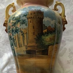 Antique Style Ceramic Vase A Hand- Painted Scenic Landscape Of A Castle And Characteristic Of Late 19th To Early 20th Century European  Porcelain