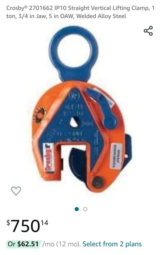 Crosby IP10 Straight Vertical Lifting Clamp, 1 ton, 3/4 in Jaw, 5 in OAW, Welded Alloy Steel