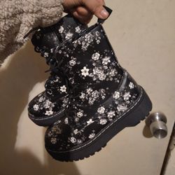  Flower Boots Size 6 1/2 & All Black Leather Boots Size 6