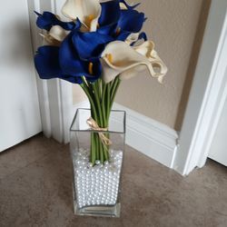 Glass Vase with "fabric" Flowers & Pearls