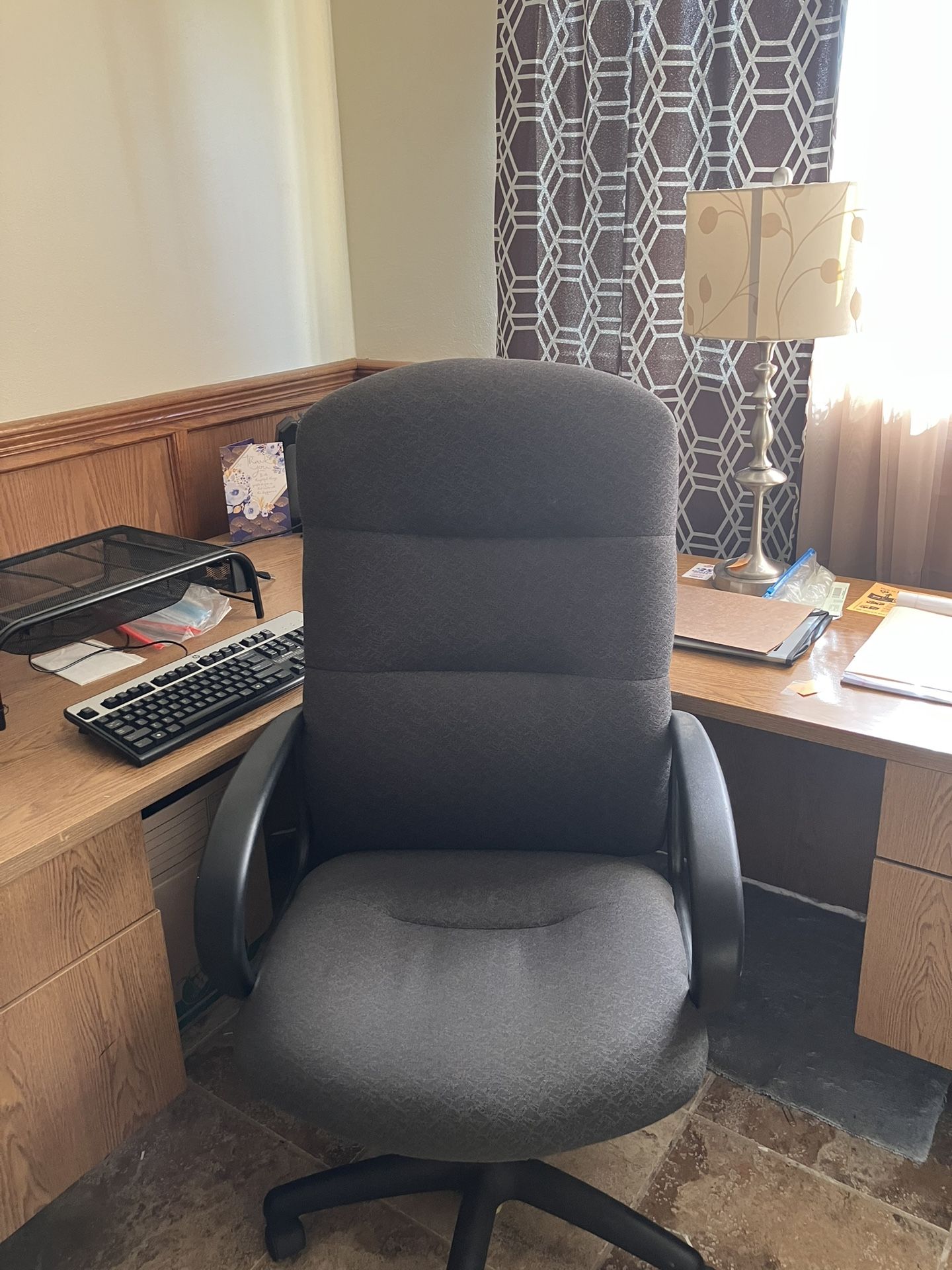 Desk, Chair, and File Cabinet