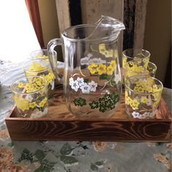 Vintage Glass, Beverage Set, 6 Glasses 60’s Floral 