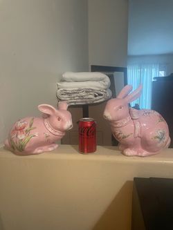 Pink Ceramic hand painted Bunny Figurines Set of 2