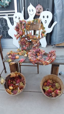 Bunch of Fall Foliage, Some in Baskets - $20 for ALL Colored Leaves Decorations Together
