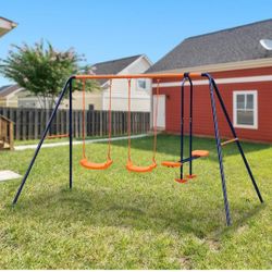 Swing Set Metal Backyard Playground with 2 Seats with 1 Seesaw Play Set 440lbs Capacity

