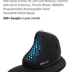 DeLUX Seeker Wireless Ergonomic Vertical Mouse with OLED Screen, BT and USB Receiver, Connect with Up to 4 Devices, Thumb Wheel, 4000DPI, Programmable