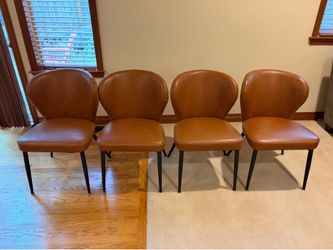 Set of 4 Cognac Leather Dining Chairs – Mid-Century Modern