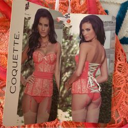 NWT! COQUETTE CORAL/NUDE LACE UP CORSET BUSTIER - Size S