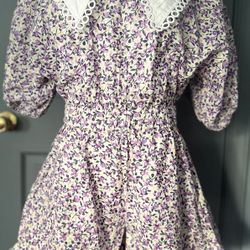 Y.W.Y.X Vintage Lilac/White/Green/Yellow Floral Cotton Lace Neck Romper Dress. 