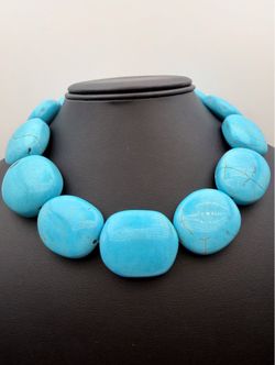 Vintage Faux Blue Turquoise Oval Stone Choker Necklace chain 18” 30mm