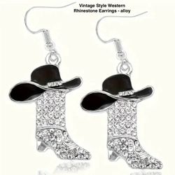 New Black Cowboy Hat & Rhinestone Blingy Boots Earrings