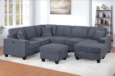Brand New Dark Grey Corduroy Sectional Sofa w Ottoman