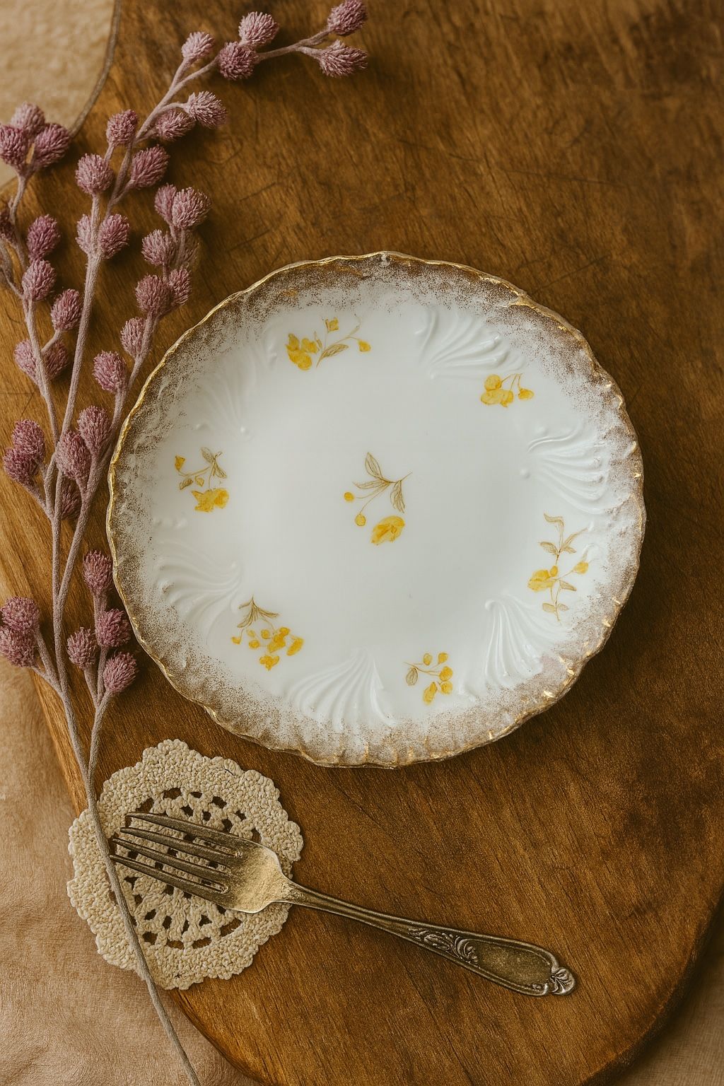 Dresden Germany 1920s Floral Porcelain Plate Yellow Flowers Gold Trim, 7”