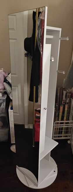 Standing Jewelry Cabinet with Sliding Storage Full Length Mirror, White