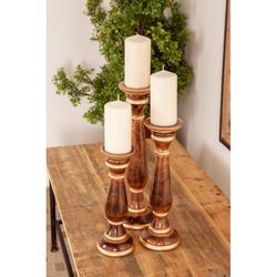 Mango Wood Candle Holders with Gold Ring Accents (Set of 3)