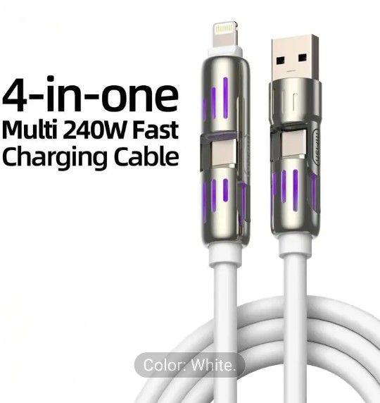 240W 4-in-1 Multi USB Charging Cable with LED Indicator, Fast Charging & Data Sync, USB-A, USB-C, iOS Connectors for iPhone, Samsung, Laptop, 4FT (Ri