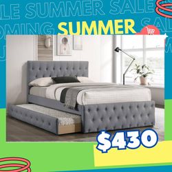 New In Box FULL BED W/TRUNDLE-LIGHT GREY BURLAP And 2 Mattresses.