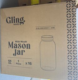 Brand new case of wide-mouth mason jars. Includes 16 jars, each 64 oz