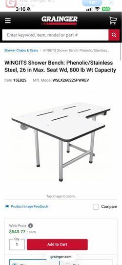 WINGITS Shower Bench: Phenolic/Stainless Steel, 26 in Max. Seat Wd, 800 lb Wt Capacity