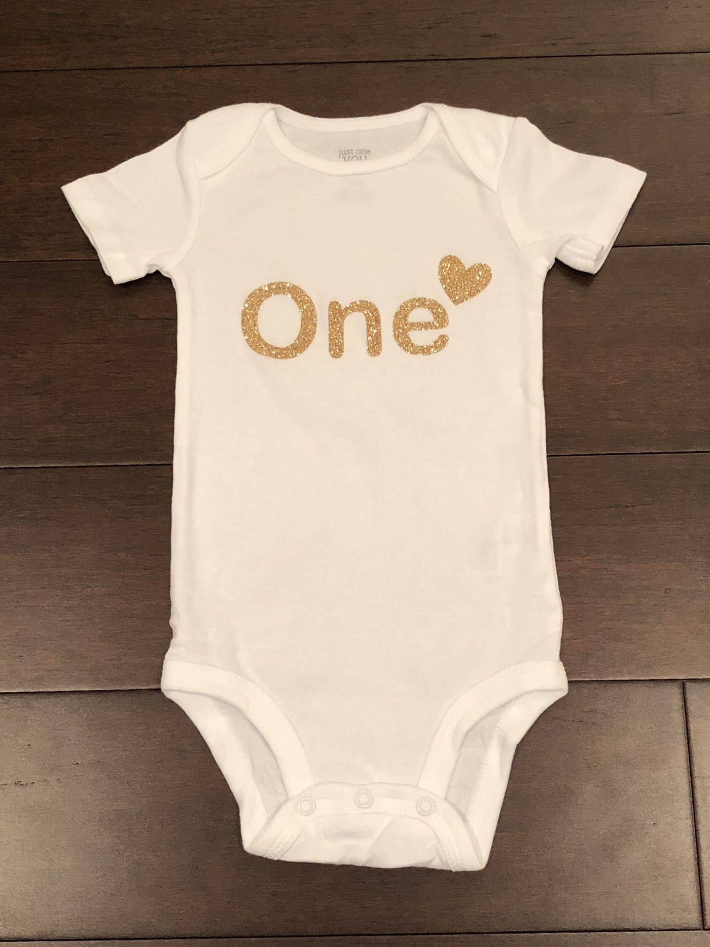 First Birthday onesie gold glitter heart for 12 month