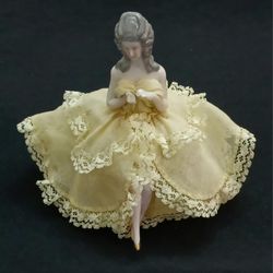Antique Southern Belle Half Doll Pin Cushion Hands and Legs Yellow Lace Dress 5"