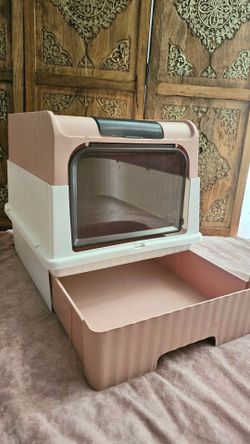 Covered Cat Litter Box with renovable litter drawer Pink