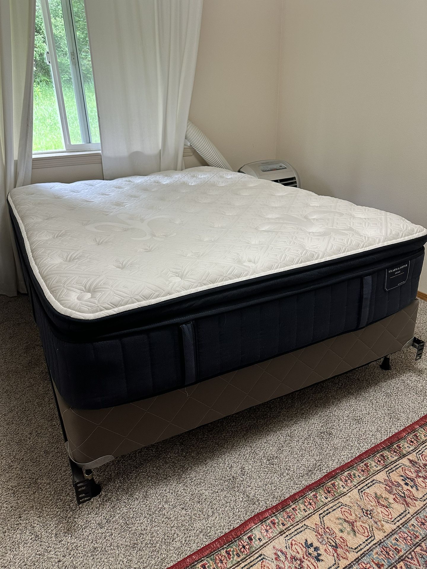Stearns and Foster Queen Bed, Box Spring, Bed Frame, Mattress Protector, And Bed Skirt