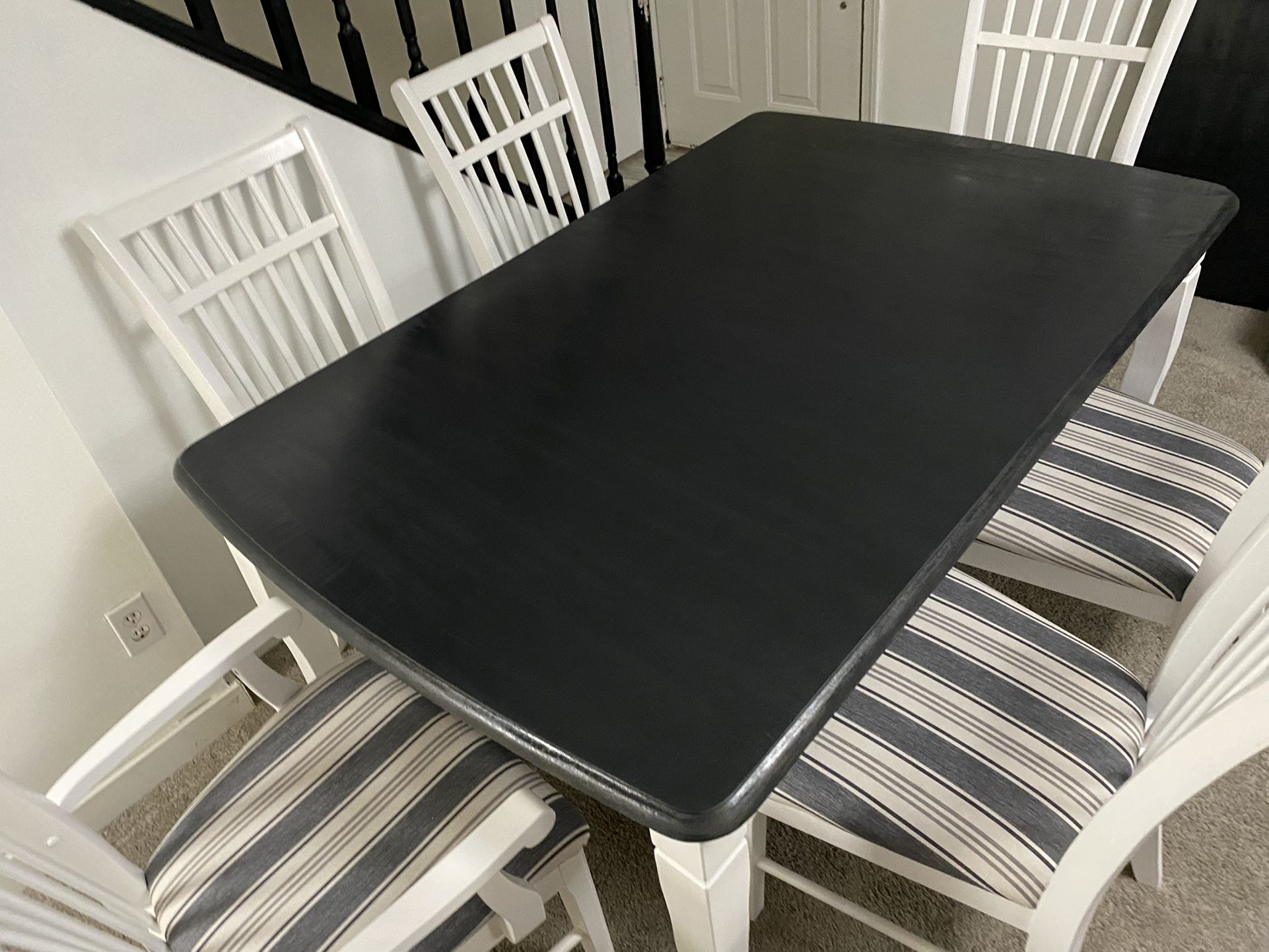 Refinished Dining table with leaf and 6 chairs ( charcoal / white ), new fabric