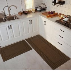 BEQHAUSE-Kitchen-Rugs-Anti-Slip-Kitchen-Mats-for-Floor Absorbent Kitchen Mat Set of 2 Washable Kitchen Runner Rug with TPR Non Skid Backing,Brown 24x3