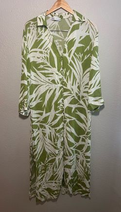 Zara Green Leaf Printed Kaftan Midi Dress Size M